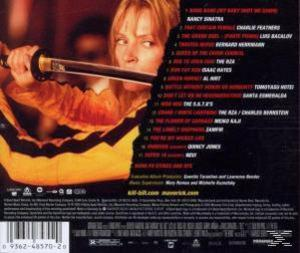 CD-Rückseite mit Uma Thurman, die ein Schwert hält, einer Liste von Songs und Text.
