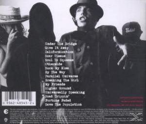 Albumcover, Red Hot Chili Peppers. Bandmitglieder in Schwarzweiß, mit Titelliste.