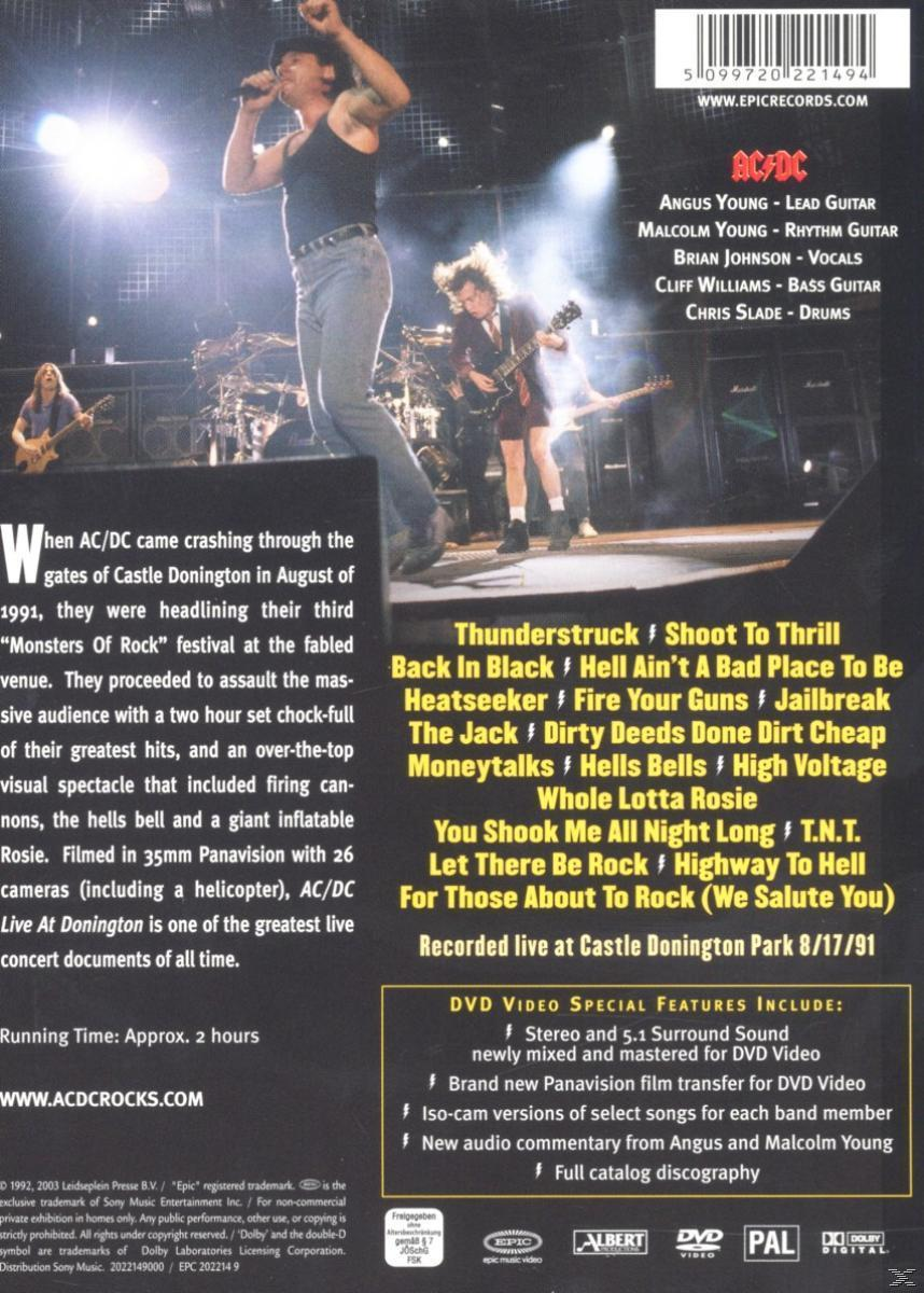 AC/DC Live DVD-Cover. Angus Young auf der Bühne, Bandliste, Titelliste und DVD-Features.