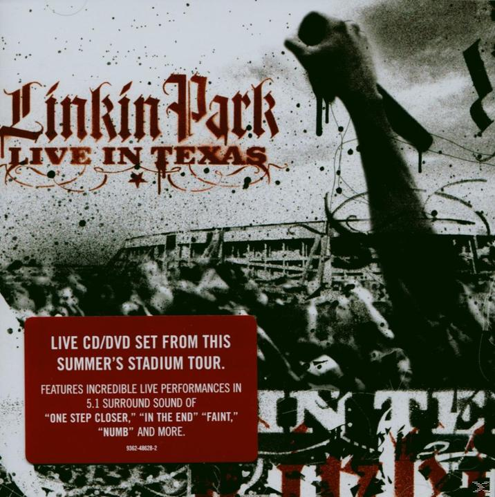Albumcover von Linkin Park, mit einer Hand, die ein Mikrofon hält. Roter Aufkleber mit Details und Bandname.