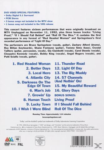 Rückseite einer DVD mit Trackliste und Credits für ein Bruce Springsteen MTV Unplugged Konzert.
