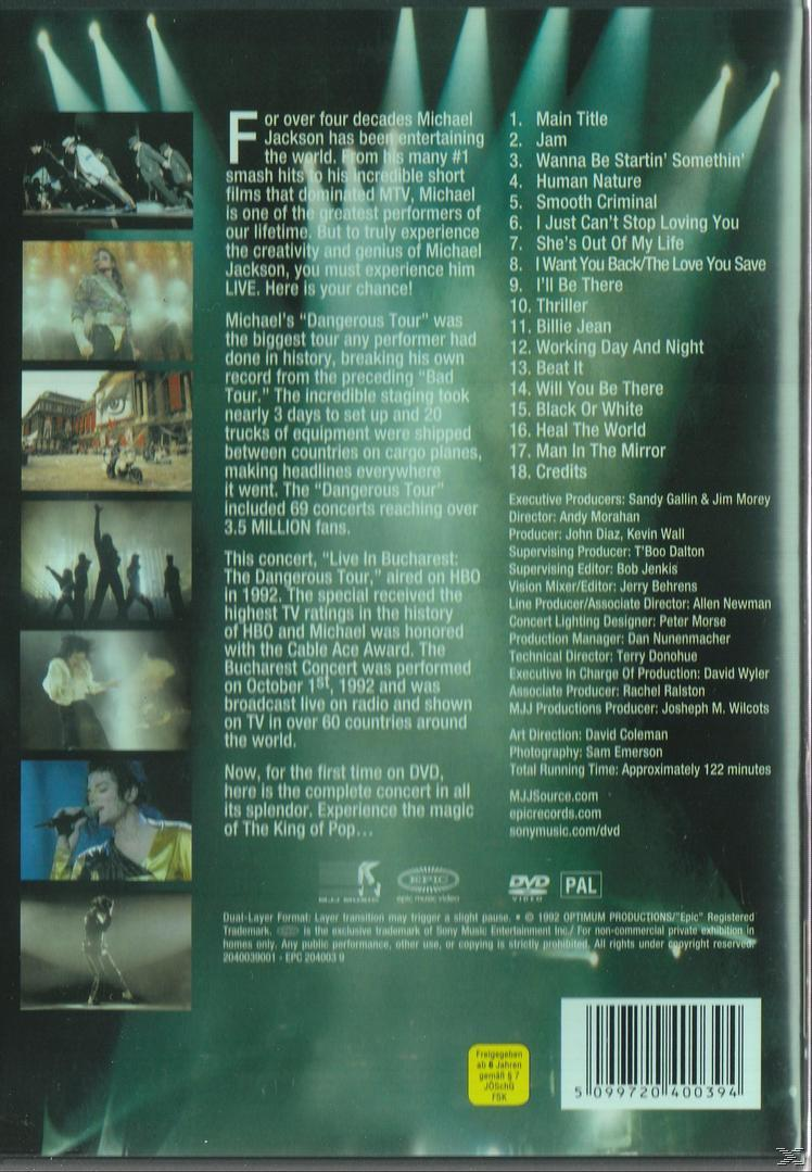 DVD-Cover mit Michael Jackson. Szenen der 'Dangerous Tour', Trackliste und Credits sind sichtbar.