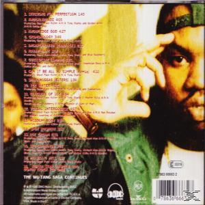 CD-Rückseite mit Titelliste und Männergesicht rechts. Albumtitel: The Wu-Tang Saga Continues.