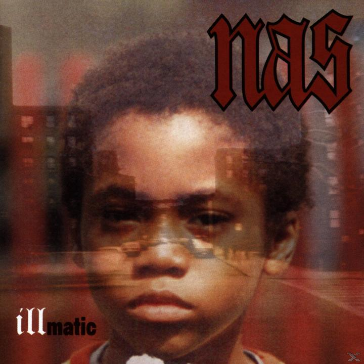 Albumhoes: Het gezicht van een jongen met overlay stadsgezicht. De titel is "Illmatic" en "Nas".