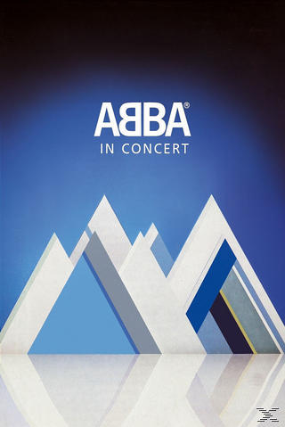 ABBA in Concert Albumcover. Blauer Hintergrund mit weißen und blauen geometrischen Bergformen und einer Spiegelung.
