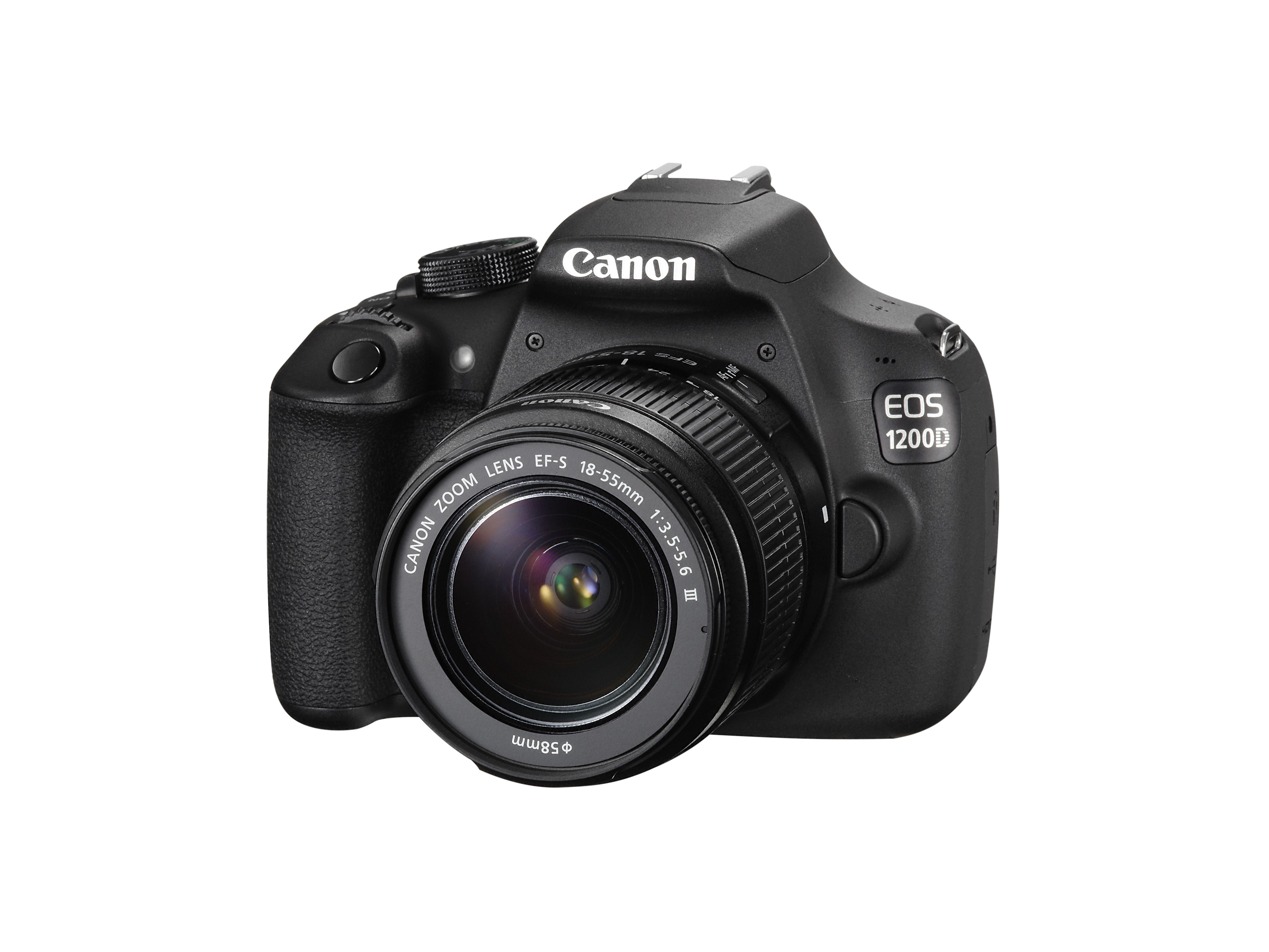 Schwarze Canon-Kamera mit Objektiv, Canon-Zoomobjektiv und weißem Hintergrund.