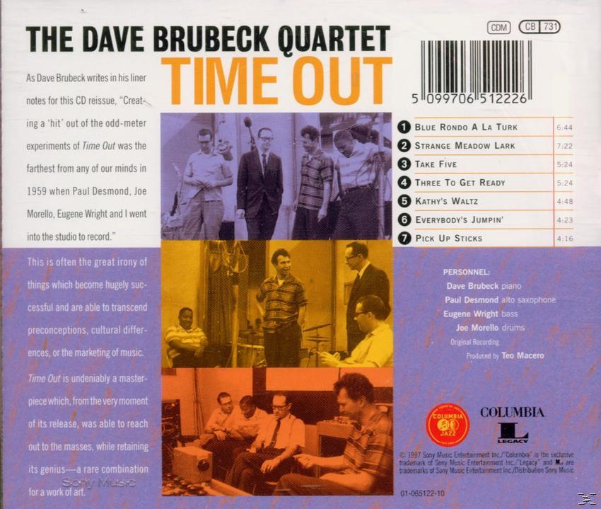 Rückseite des "Time Out"-Albumcovers mit Bandfotos und Titelliste, gelbes und rotes Design.