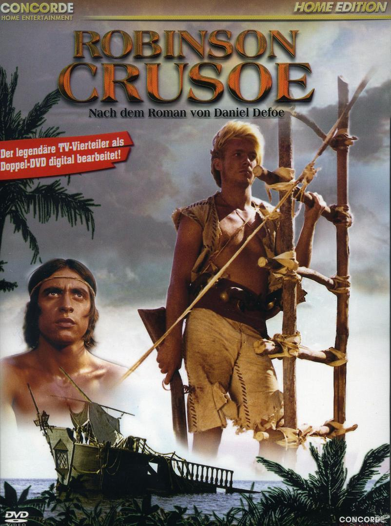 DVD-Cover: Robinson Crusoe. Zwei Männer, einer hält einen Stab. Ein Schiffswrack im Hintergrund.