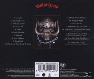 CD-Rückseite für Motörhead, mit Trackliste und einem Totenkopf-Logo mit Kette.