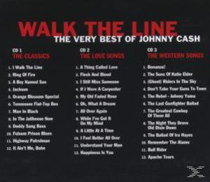Walk the Line Albumcover. Titelliste von Johnny Cash Songs. Schwarzer Hintergrund mit rotem Text.