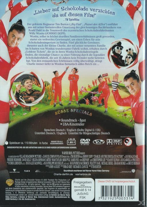 Charlie und die Schokoladenfabrik DVD-Cover mit Schauspielern und Titel.