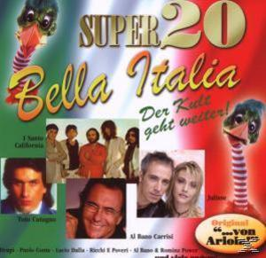 Albumcover: Super 20 Bella Italia. Ein farbenfrohes Cover mit mehreren Bildern von Sängern und einem Cartoon-Vogel.