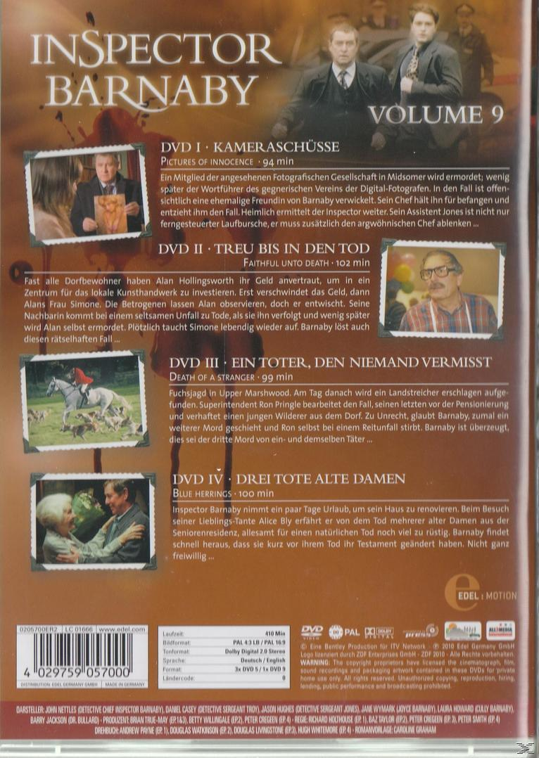 Inspector Barnaby DVD-Hülle hinten. Zeigt Episodentitel und Bilder. Beinhaltet eine Gruppe von Leuten und ein Pferd.