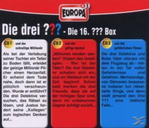 CD-Box. Drei Tafeln mit Text. Titel: Die drei ??? - Die 16. ??? Box.