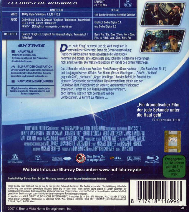 Blu-ray-Disc-Rückseite. Text und Bilder mit Informationen. Enthält Text in mehreren Sprachen.