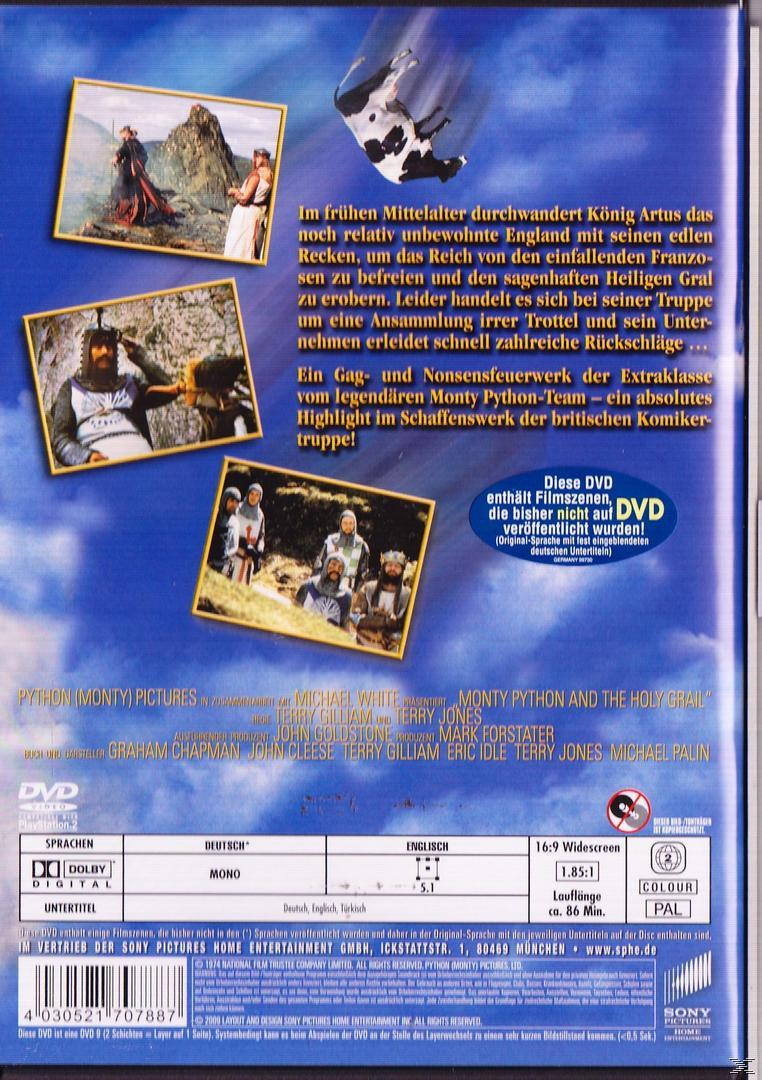 Filmcover von Monty Python und der heilige Gral. Ritter auf einem Hügel, eine fliegende Kuh. Text und DVD-Details sind vorhanden.