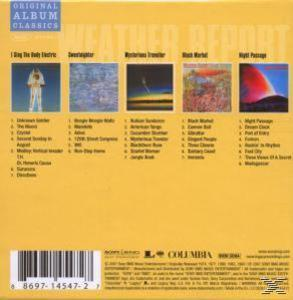 Albumcover von Weather Report. Ein gelber Hintergrund mit Albumcovern verschiedener Songs.