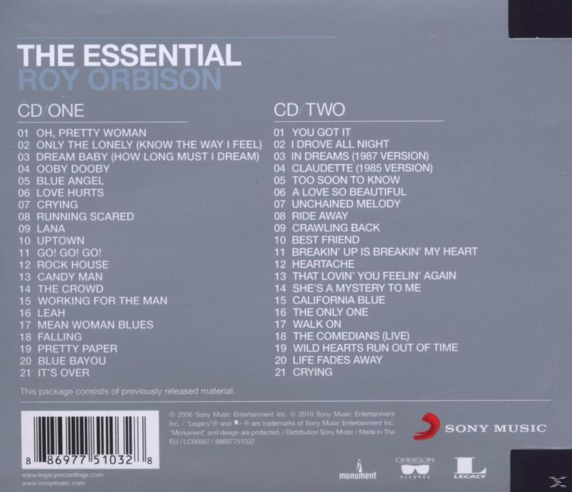 Albumcover: The Essential Roy Orbison, Titellisten, blauer Hintergrund, Sony Music Logo.