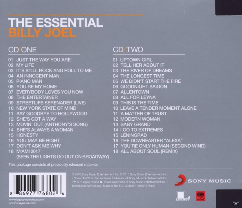 CD-Cover mit Titellisten für The Essential Billy Joel, mit Songtiteln.