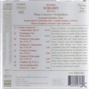 CD-Cover mit Text über Alexander Skriabins Klavierkonzerte. Trackliste links angezeigt.