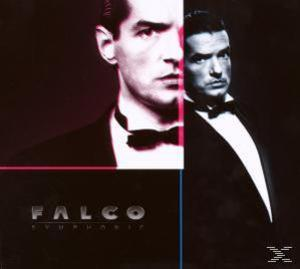Falco Albumcover. Mann im Anzug, geteiltes Bild, halb dunkel, halb hell mit Text.