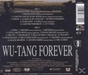 Albumcover für Wu-Tang Forever mit Titellisten und dem Namen der Gruppe. Dunkler Hintergrund mit weißem Text.