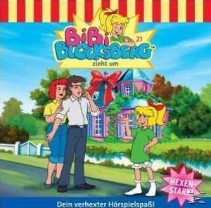 Cartoon-Bild einer Familie mit einem Haus. Der Titel lautet "Bibi Blocksberg". Ein Mädchen zeigt.