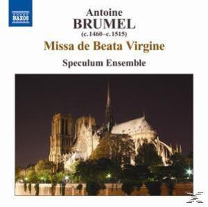Albumcover: Antoine Brumel, Missa de Beata Virgine, mit Kathedralensilhouette bei Nacht.