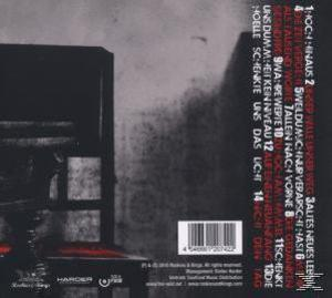 Rückseite des Albums, textlastig, schwarz-weiß, mit roten Akzenten. Ein Barcode ist sichtbar.
