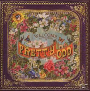 Albumcover mit Blumen, Banner 'Pretty Odd', lila Rahmen.