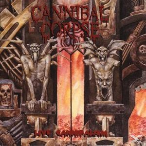 Albumcover: Cannibal Corpse. Dunkle, gotische Kunst mit Wasserspeiern, Totenköpfen und einer zentralen Struktur.