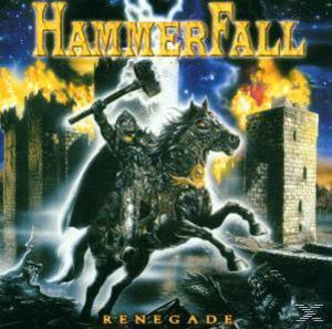 Albumcover: Hammerfall, Renegade. Ritter auf einem Pferd mit Hammer, brennende Burg im Hintergrund.