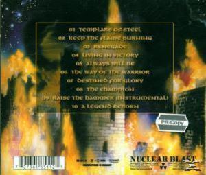 Rückseite des Albums mit Titelliste, brennendem Turm und 'Nuclear Blast' Logo.