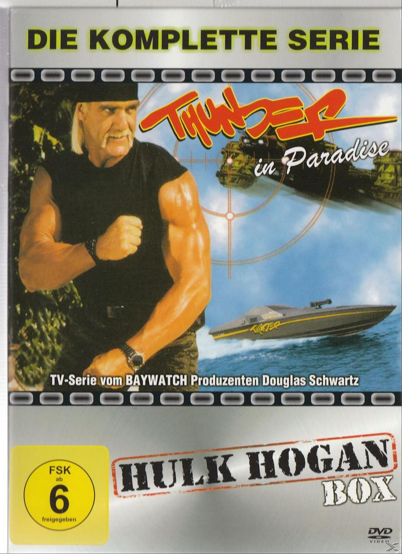 DVD-Cover: Hulk Hogan in schwarzem Hemd, Boot und Text: 'Thunder in Paradise'.