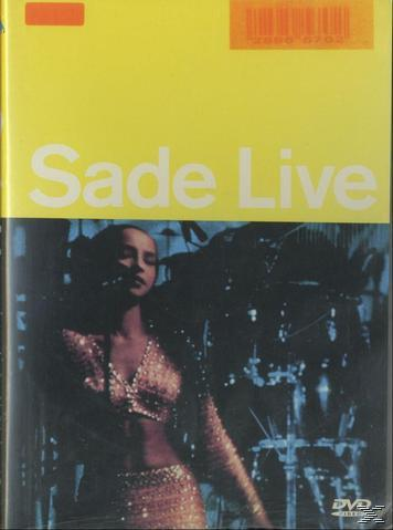 Sade Live DVD-Cover mit einer Frau in einem goldenen Outfit. Gelbes und blaues Farbschema.