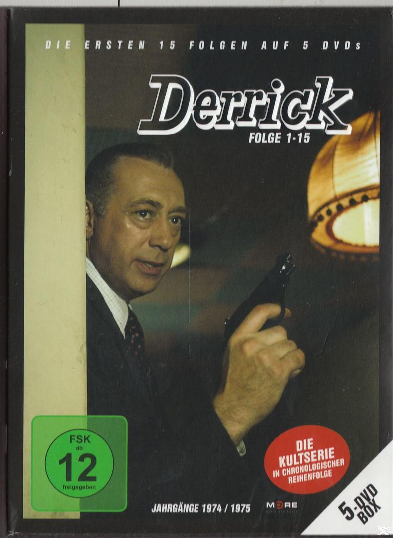 DVD-Cover. Ein Mann mit einer Waffe. Text auf Deutsch: 'Derrick'. FSK 12-Logo sichtbar.