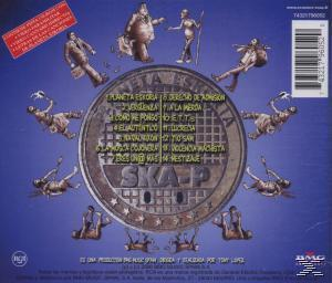 Album-Rückseite. Ein kreisförmiges Design mit Figuren darum. Spanischer Text. Eine Liste der Songs befindet sich in der Mitte.