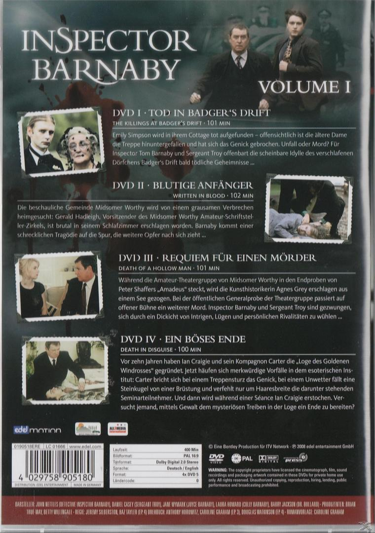 DVD-Cover mit Text über Inspector Barnaby, Band I, und einer Personengruppe.
