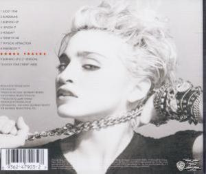 Albumcover-Rückseite mit Madonna in Schwarzweiß, mit Schmuck, mit einer Kette. Titelliste.