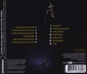 CD-Rückseite: Mikrofon auf Ständer, Songtitel und ein Barcode. Text auf Deutsch.
