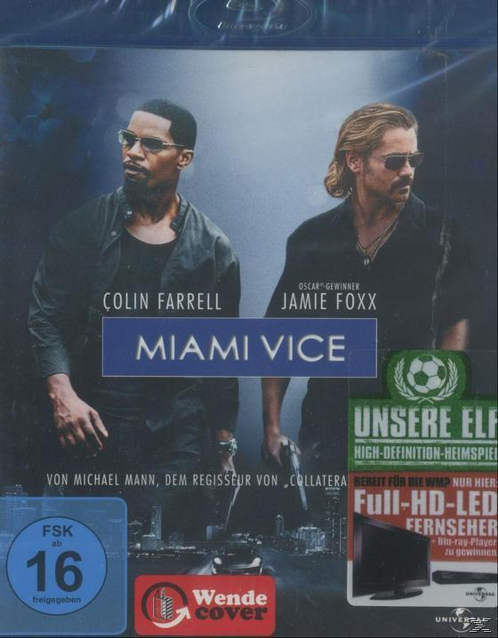 Filmcover mit Colin Farrell und Jamie Foxx. Der Titel lautet 'Miami Vice'. Es ist eine DVD mit einer FSK 16 Bewertung.