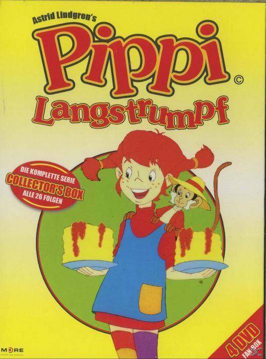 Pippi Langstrumpf DVD-Cover. Pippi mit zwei Kuchen, ein Affe. Cartoon-Stil.