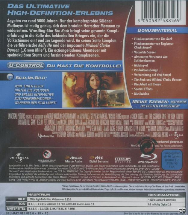 DVD-Cover: Text und Bilder aus dem Film 'The Scorpion King', mit The Rock.