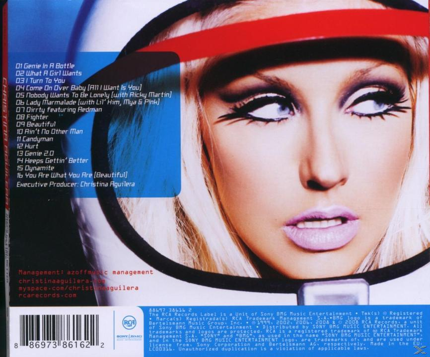 Christina Aguilera Albumcover. Nahaufnahme ihres Gesichts mit Titelliste auf der linken Seite.
