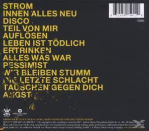 CD-Rückseite mit einer Liste von Songtiteln in Gelb und etwas Text auf Deutsch. Schwarzer Hintergrund.