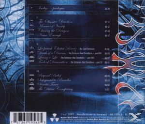 CD-Cover mit blauem Hintergrund und abstrakter Kunst. Titelliste und Text auf blauem Hintergrund.