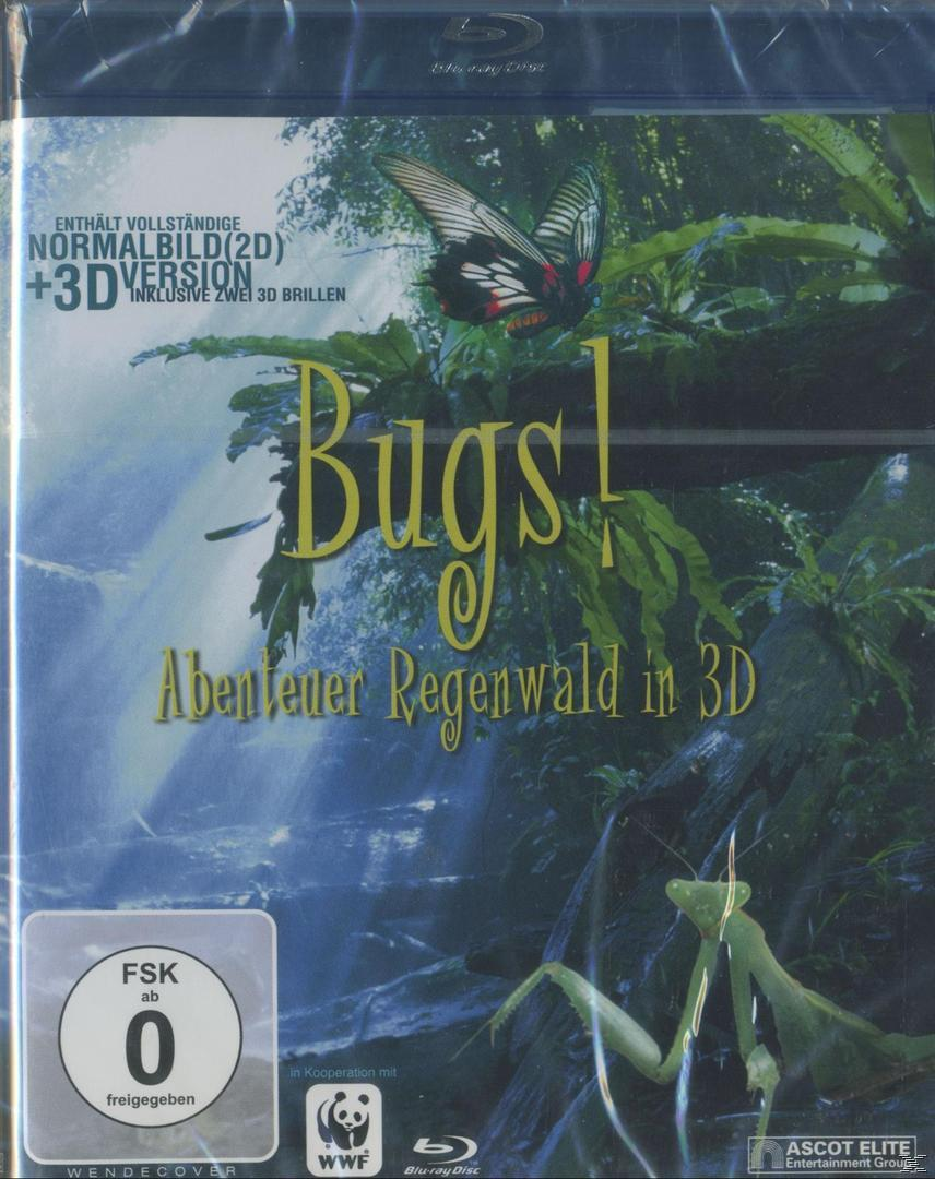 DVD-Cover: Bugs! Ein Schmetterling auf Blättern. Eine Gottesanbeterin. Wasserfall-Hintergrund.