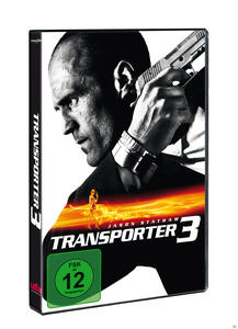 Transporter 3 DVD-Cover mit einem Mann, der eine Waffe hält. Text und eine rote Linie sind sichtbar.