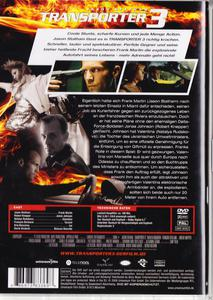 Rückseite des Films Transporter 3, mit mehreren Bildern des Films und Text in mehreren Sprachen.