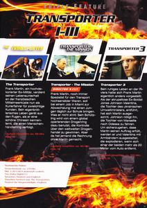 DVD-Cover für Transporter 1-3, mit Bildern aus den Filmen und Text auf Deutsch, der die Handlung beschreibt.